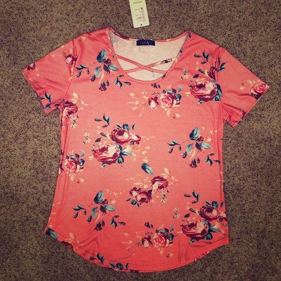 Tops - Floral Pink/Coral, Cross-Neck Blouse